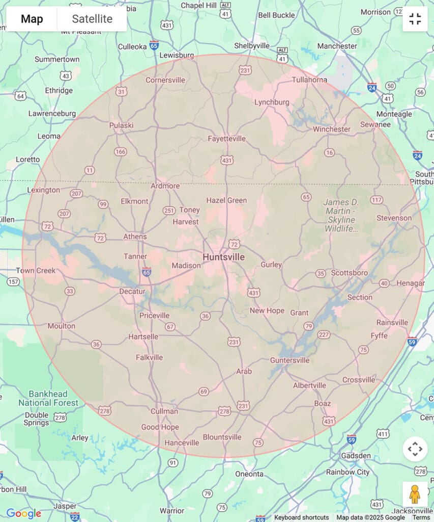 Huntsville Alabama 50 mile commuting range