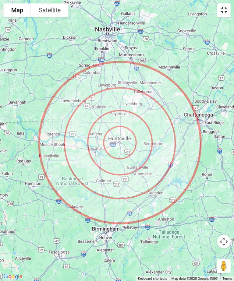 Huntsville Alabama commuting ranges and areas