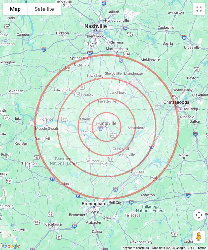 Huntsville Alabama commuting ranges and areas