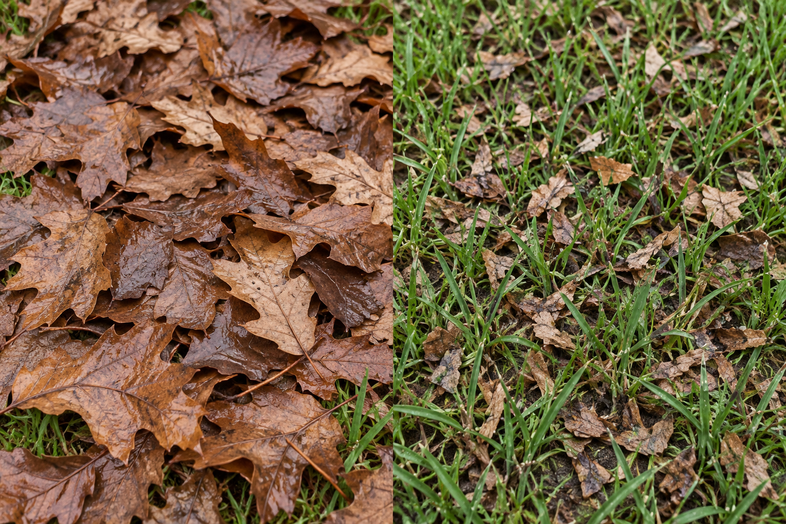 Whole overlapping damp leaves cover grass on the left; smaller leaf fragments sit between visible grass blades on the right.