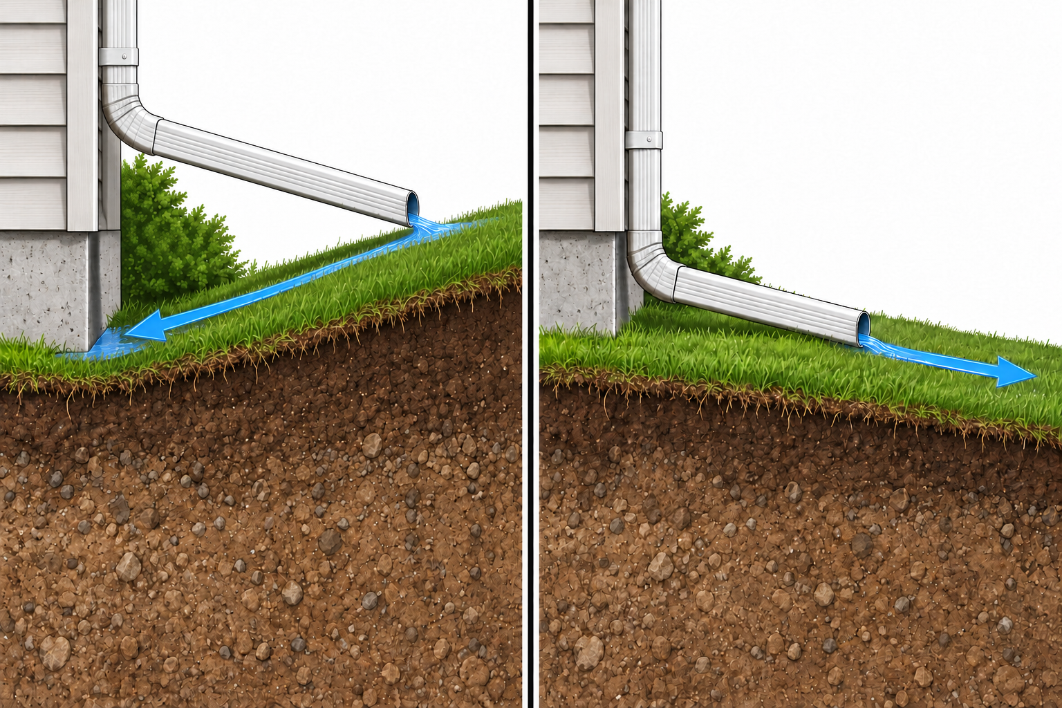 Two conceptual side views: left, outlet water follows ground back toward a house; right, water continues downhill away from the wall.