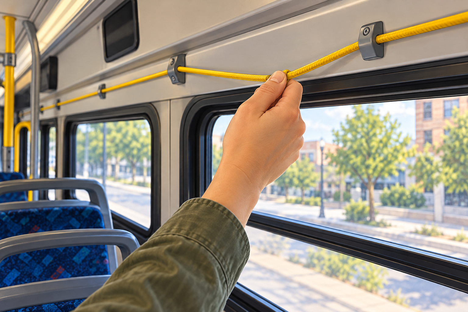 Illustration showing a hand pulling an above-window stop-request cord inside a generic bus