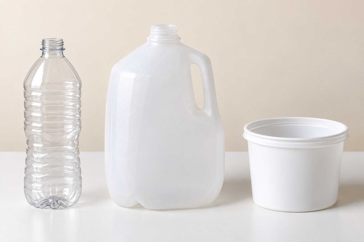 Illustrated narrow-neck water bottle and milk jug beside a wide-mouth plastic tub