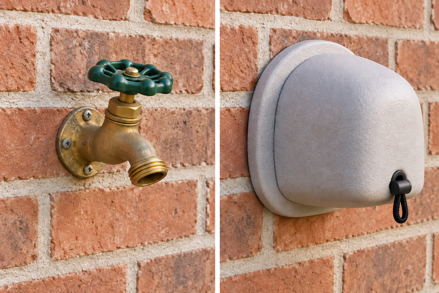 Illustration comparing a disconnected outdoor faucet with a foam faucet cover fitted against the brick wall and secured at its front