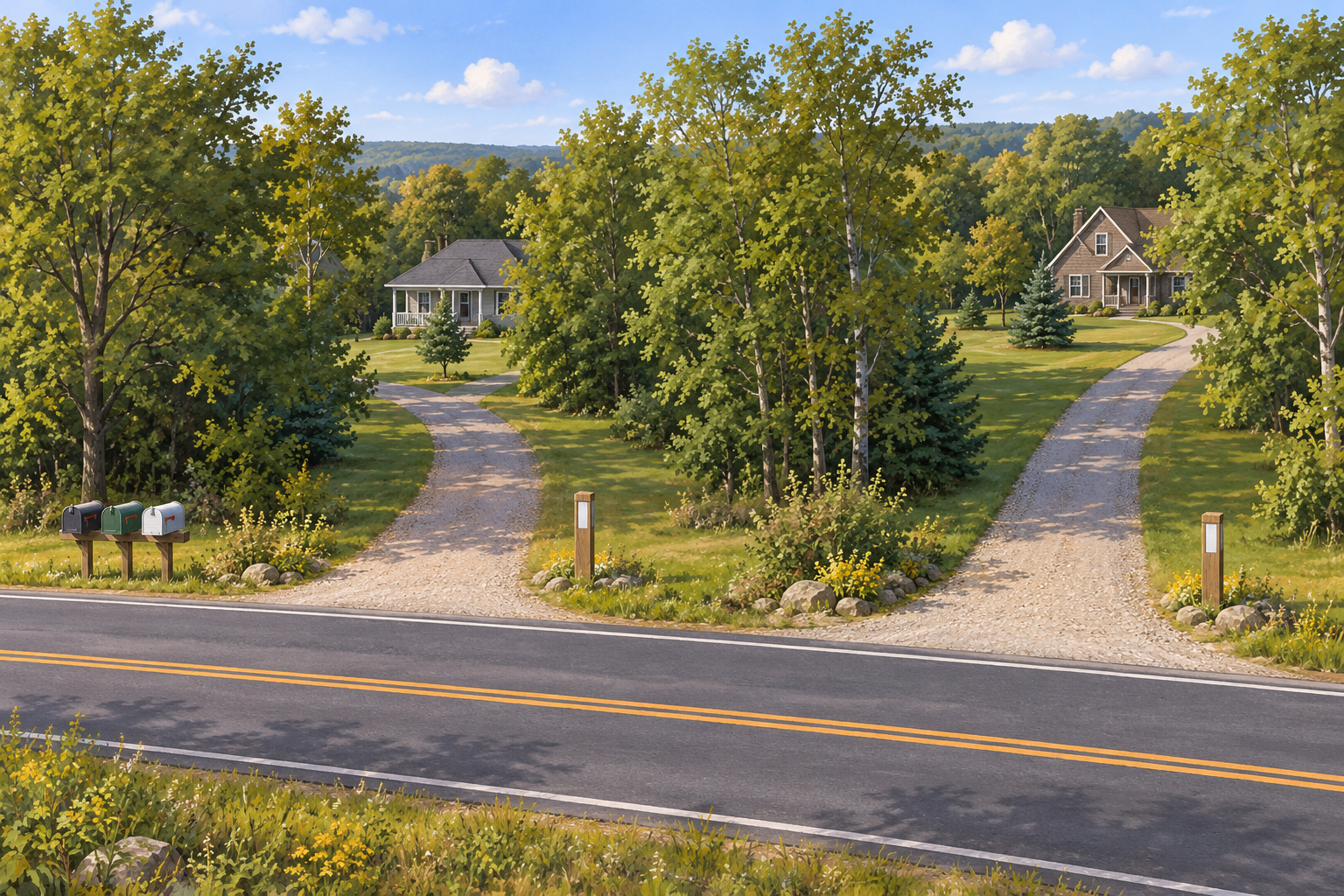 Conceptual view of grouped roadside mailboxes separate from two driveways, each with its own entrance marker