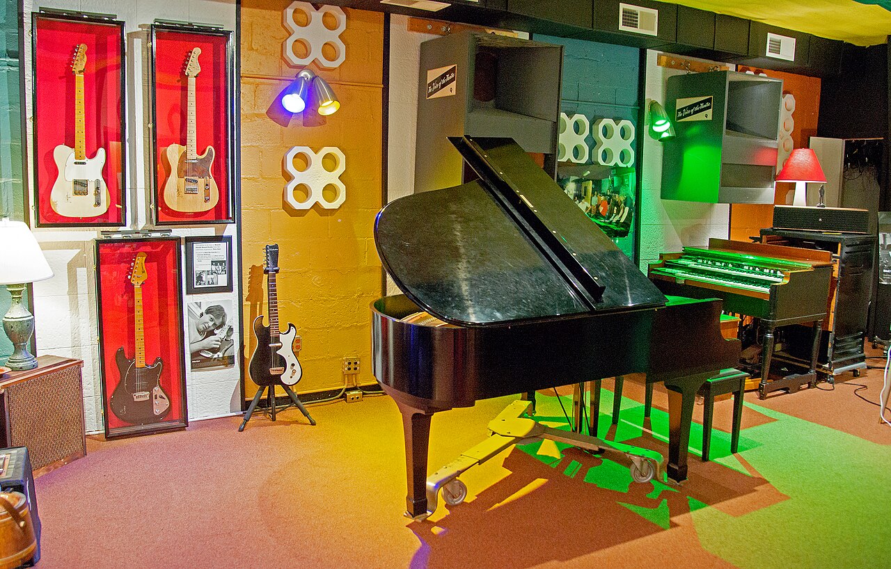 Piano, organ and guitars inside Muscle Shoals Sound Studio, photographed in 2025