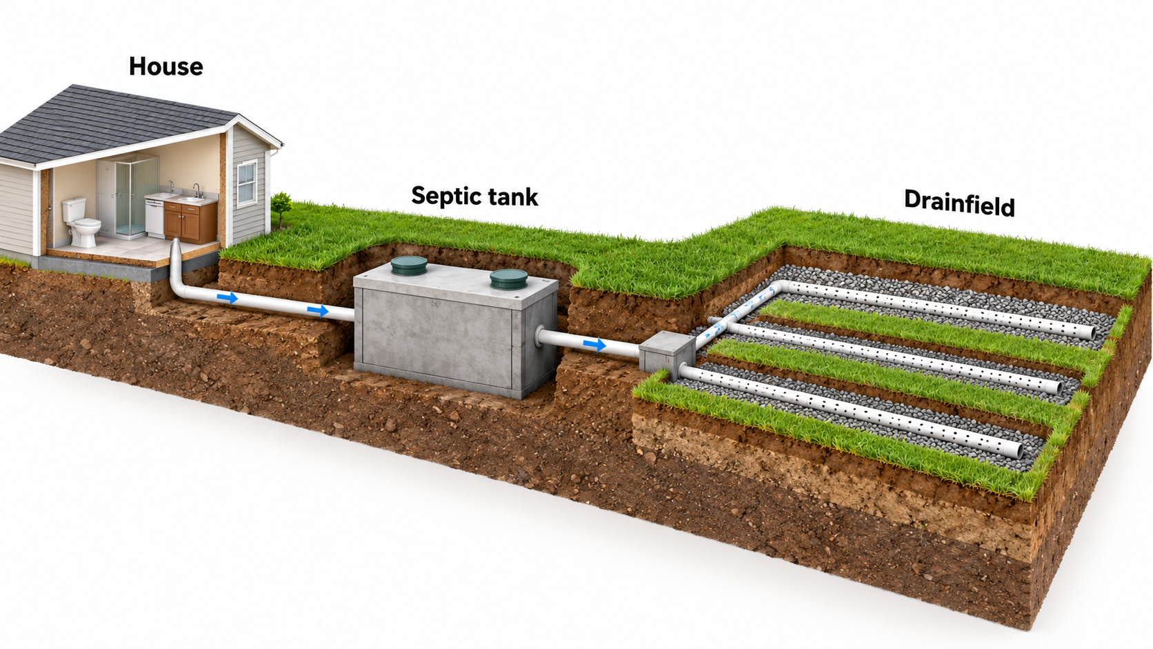 Conceptual cutaway showing a house connected to a septic tank and a separate broad drainfield with buried trenches