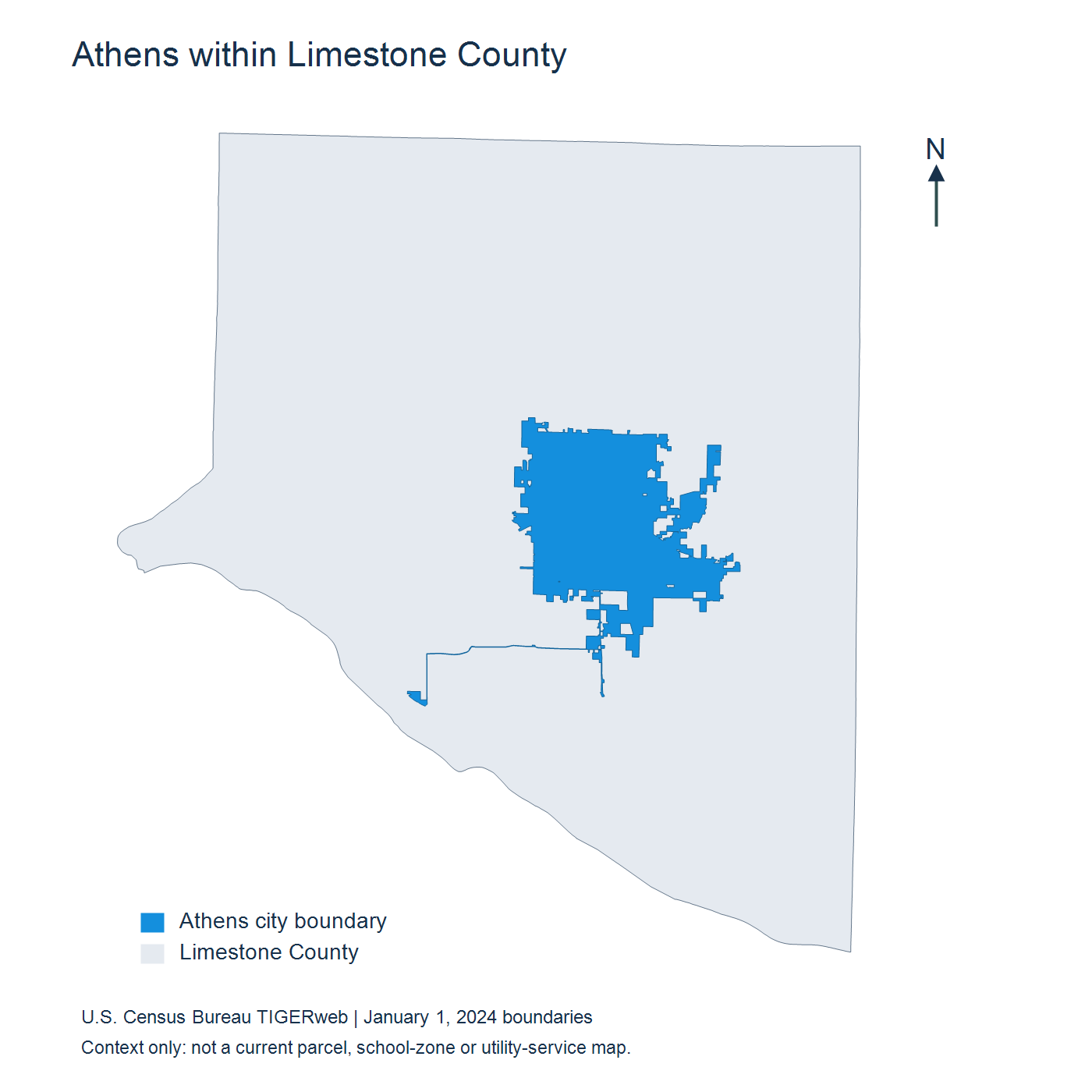 Dated Census map showing the irregular Athens city footprint in blue within the much larger Limestone County outline.