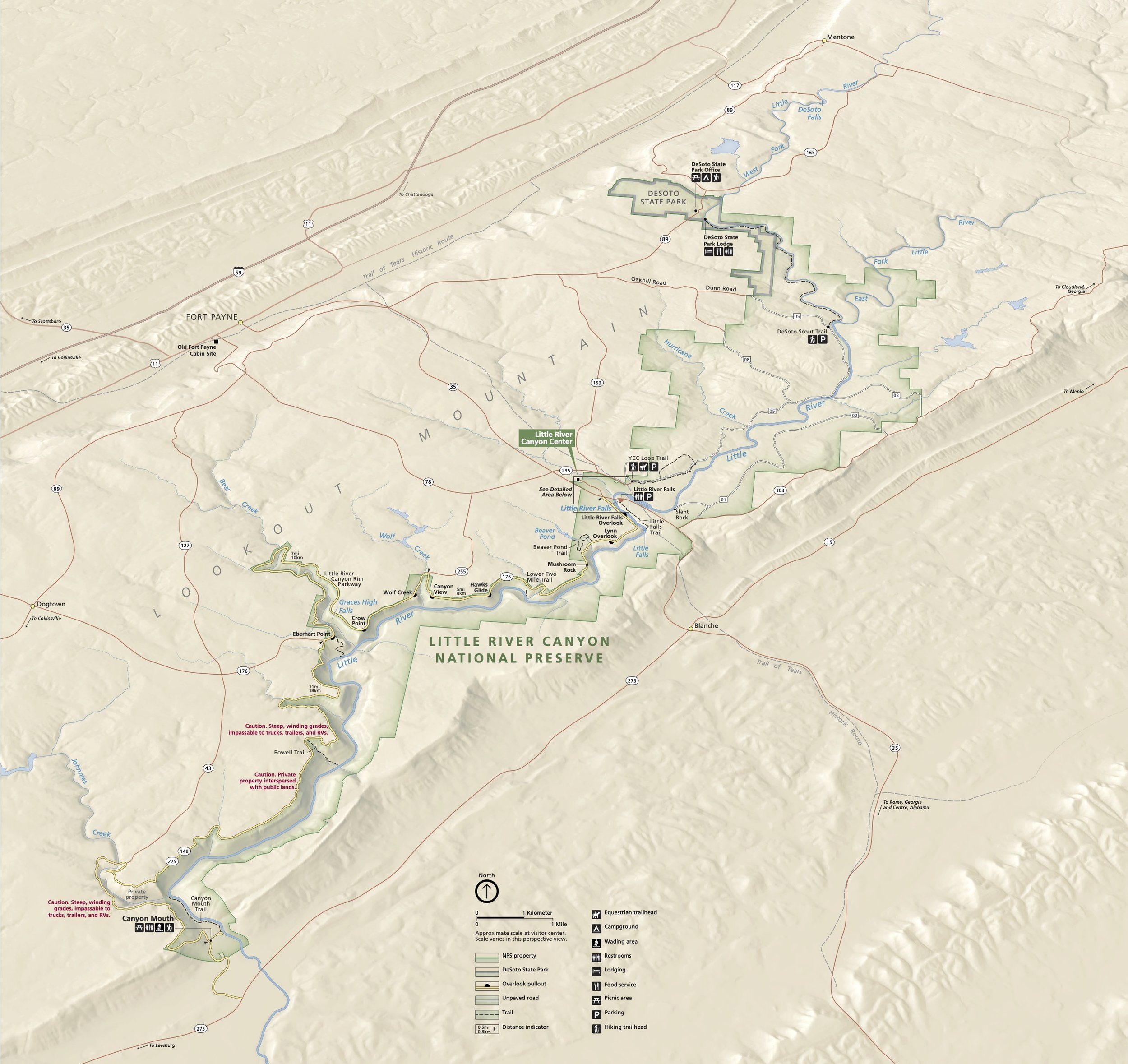 NPS perspective map locating Fort Payne, DeSoto State Park and Falls, Little River Falls and the winding rim-road connection to Canyon Mouth