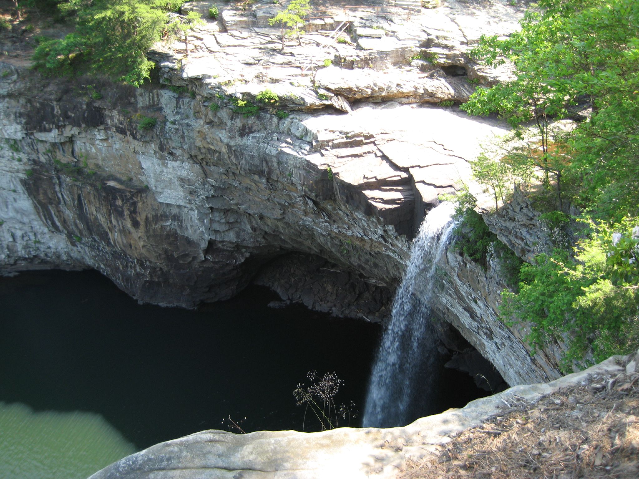 DeSoto Falls dropping beside a layered rock wall into a deep basin, with a railing visible above the drop.