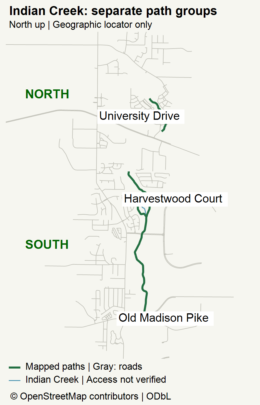 North-up locator showing labeled North and South mapped Indian Creek paths, roads and creek